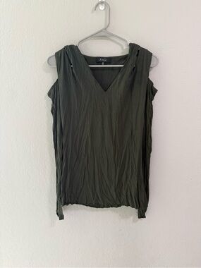 ANGL Olive Green Draped Sleeveless V Neck Blouse Top Size M